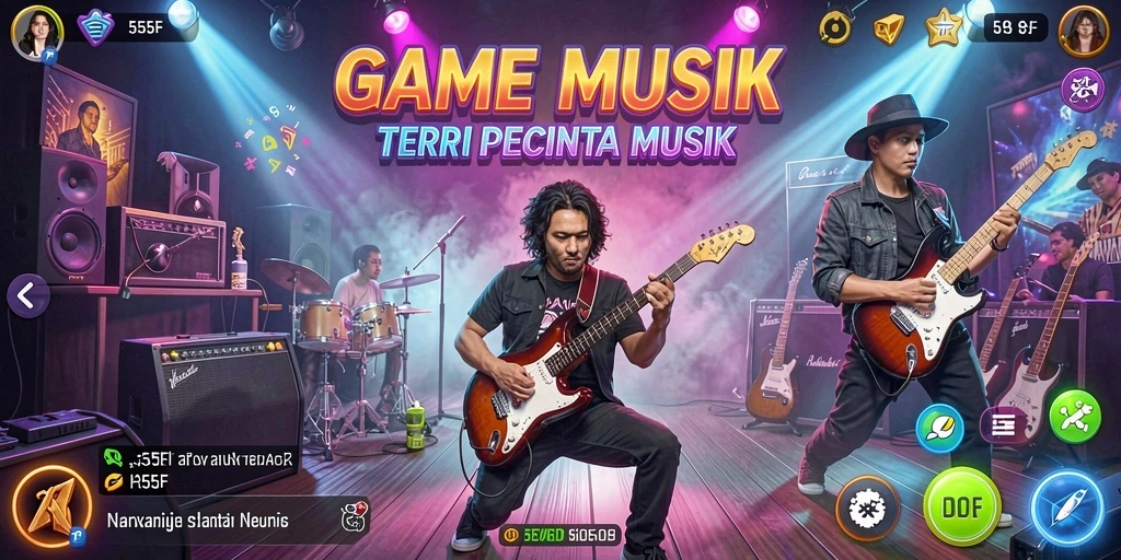 Tampilan gameplay interaktif 555F dengan berbagai pilihan lagu.