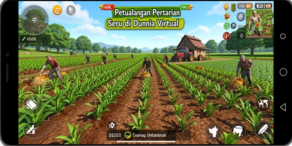 Screenshot gameplay 66K yang menunjukkan lahan pertanian yang hijau dan rimbun.