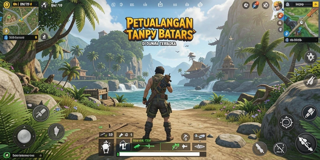 Screenshot gameplay BNI789 menampilkan eksplorasi dunia terbuka yang luas.