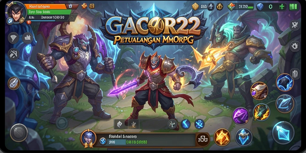 Tampilan gameplay utama GACOR22 yang menampilkan pertarungan epik dalam MMORPG.