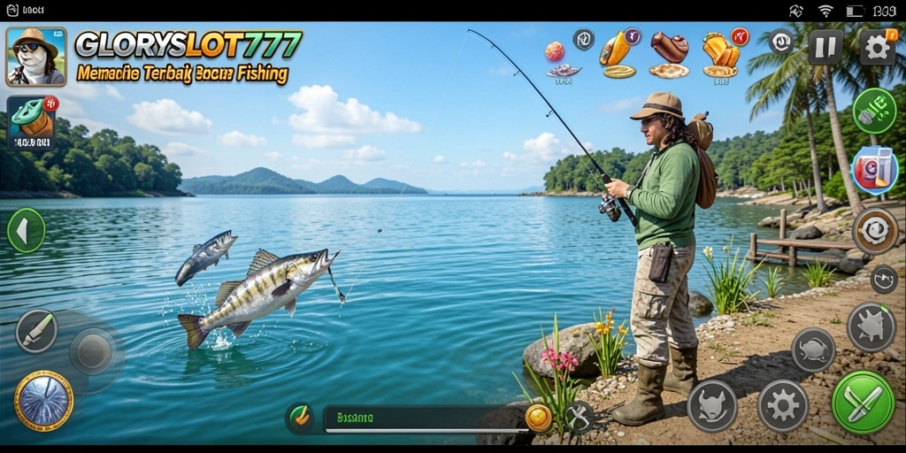 Screenshot gameplay GLORYSLOT777 menampilkan aksi seru memancing ikan.