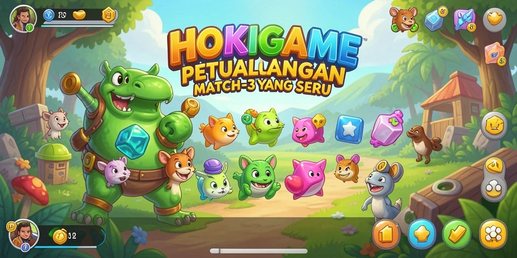 Gameplay seru HOKIGAME dengan tantangan Match-3 yang menarik.