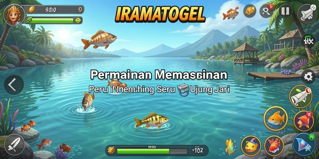 Screenshot gameplay IRAMATOGEL yang menampilkan pengalaman memancing yang seru.